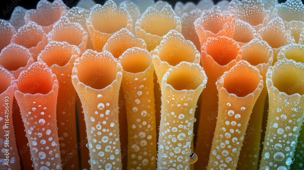 Poster dew-kissed tubes, a close-up of nature's tiny architecture, displaying a stunning array of colors an