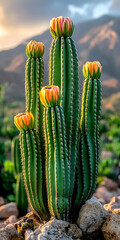 Tall cactus with multiple orange flowers blooming in the desert sunset.