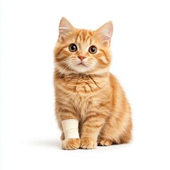 Obraz premium Cute orange kitten with a bandaged leg, looking curiously at the camera.