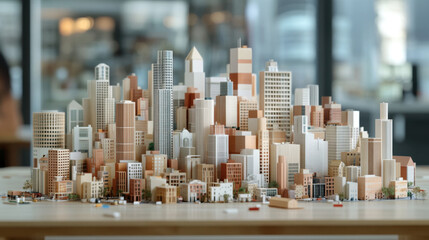 Massing, A detailed miniature cityscape model showcasing various buildings and structures, emphasizing architectural diversity and urban planning.