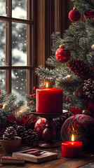 Christmas Candlelight, Festive Red Candles & Ornaments by Window