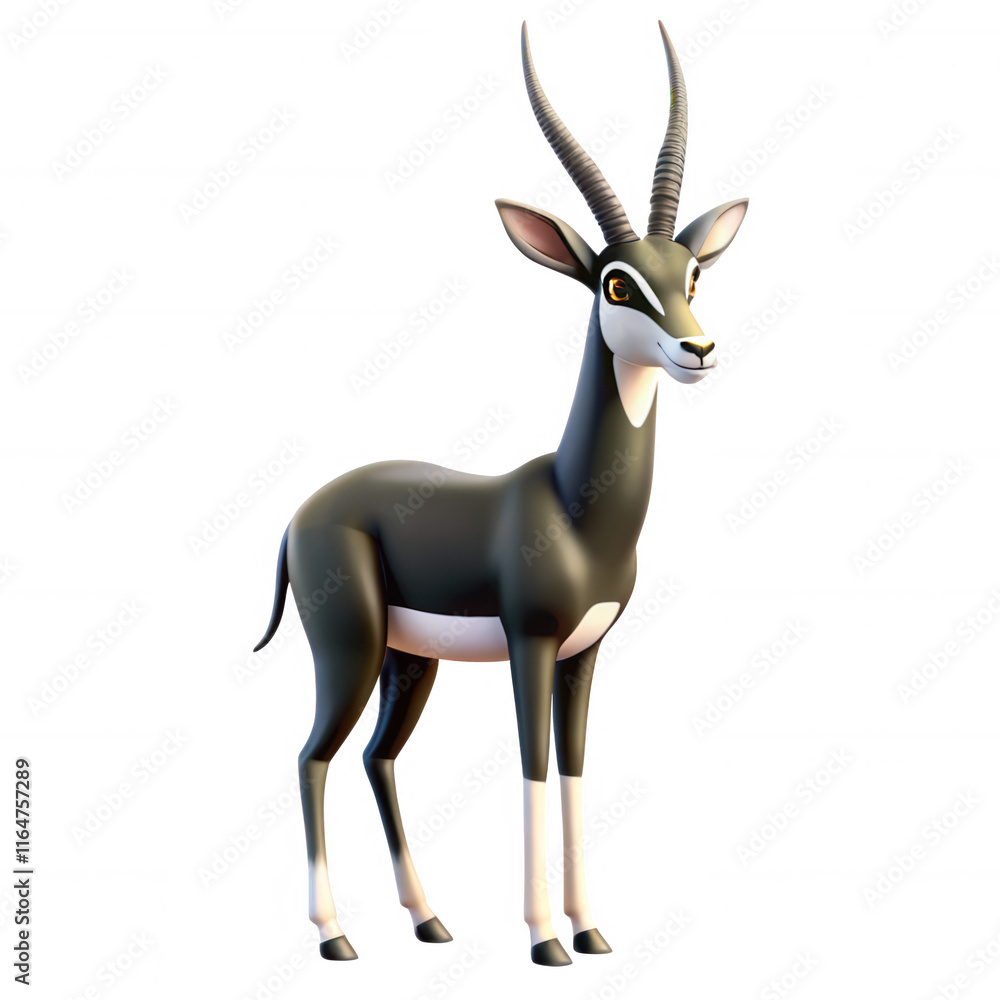 Poster a stylized 3d rendition of an antelope with large horns and expressive features, showcasing a playfu