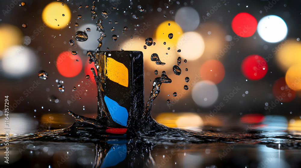 Poster abstract colorful block in water splash, night lights bokeh background