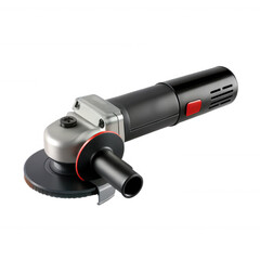 A black and silver electric angle grinder with a circular blade. It's shown against a transparent background, highlighting its sleek design and functionality.
