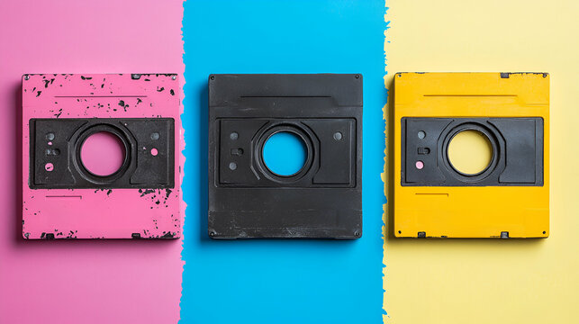 Retro Tech, Colorful Vintage Disks on Pastel Background