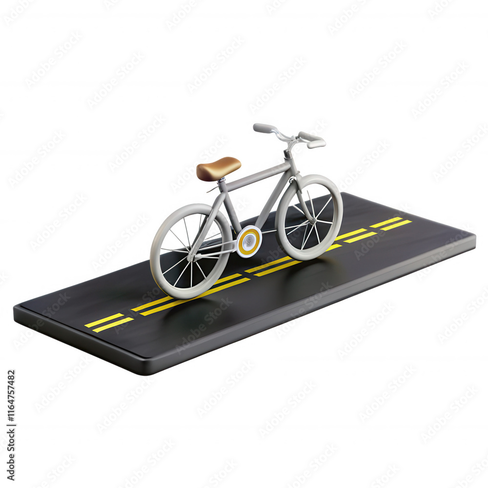 Poster a detailed 3d model of a bicycle displayed on a simplified road structure, featuring a mix of colors
