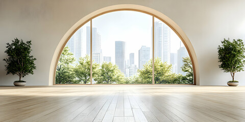 Fototapeta premium Serene Minimalist Room with Arch Window, City View