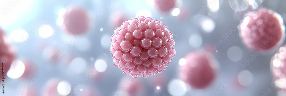 Poster microscopic cellular structure, pink spheres form complex aggregate in fluid, revealing intricate bi