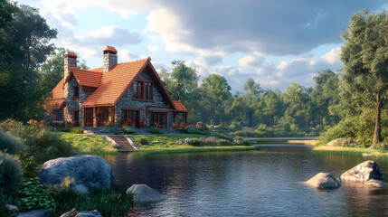 Obraz premium Stone Cottage by Tranquil Lake, A Serene Lakeside Retreat Nestled Amongst Lush Greenery Under a Summer Sky