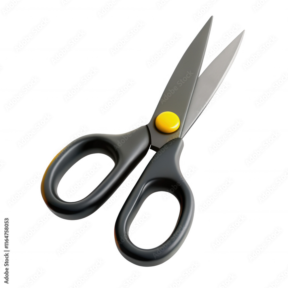 Poster this image showcases a pair of realistic scissors with a yellow button and black blades, against a t