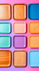 Colorful Square Trays Arranged on Purple Background.  Stylish Home Decor with Variety of Materials and Colors.