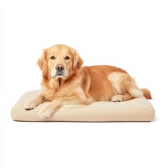 Golden retriever resting comfortably on a soft dog bed, showcasing a serene and relaxed demeanor.