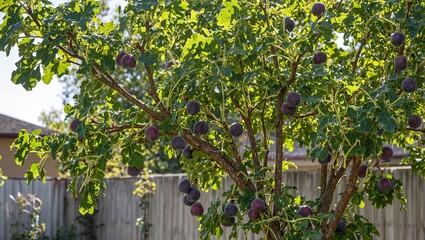 Obraz premium Rustic backyard scene with a fig tree ripe purple fruits green leaves sunlight and birds
