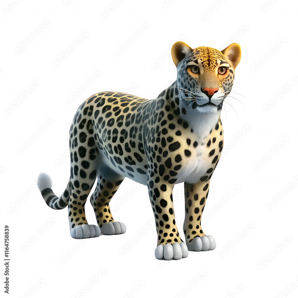 Poster a detailed 3d render of a leopard showcasing its distinct spotted fur and realistic features set aga