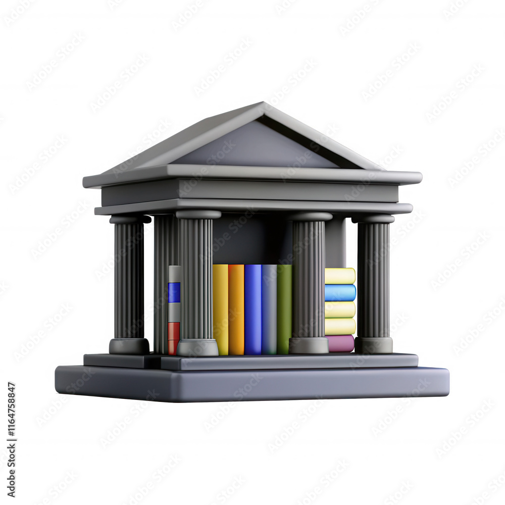 Poster a 3d render of a classic library building with columns and colorful book spines visible inside. idea