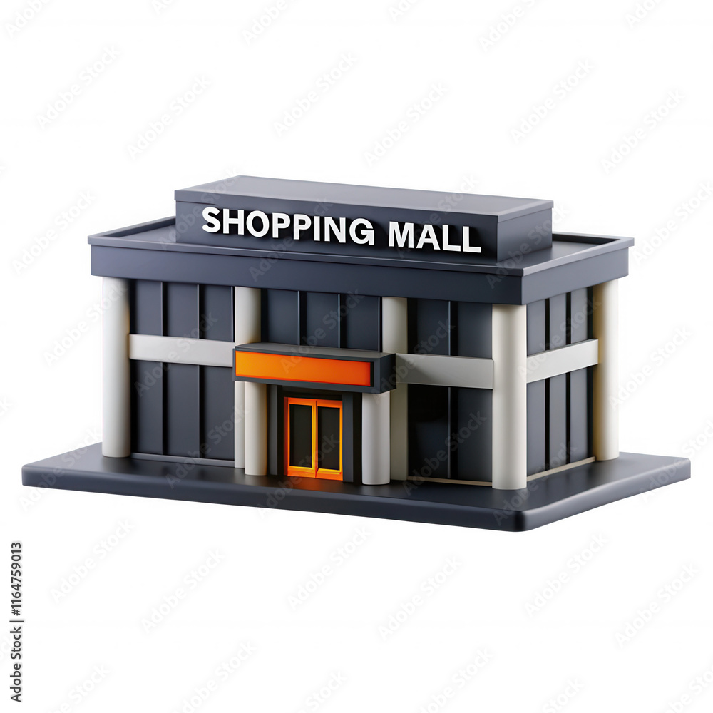 Poster a 3d render of a shopping mall model showcasing a modern design with large glass windows and a promi