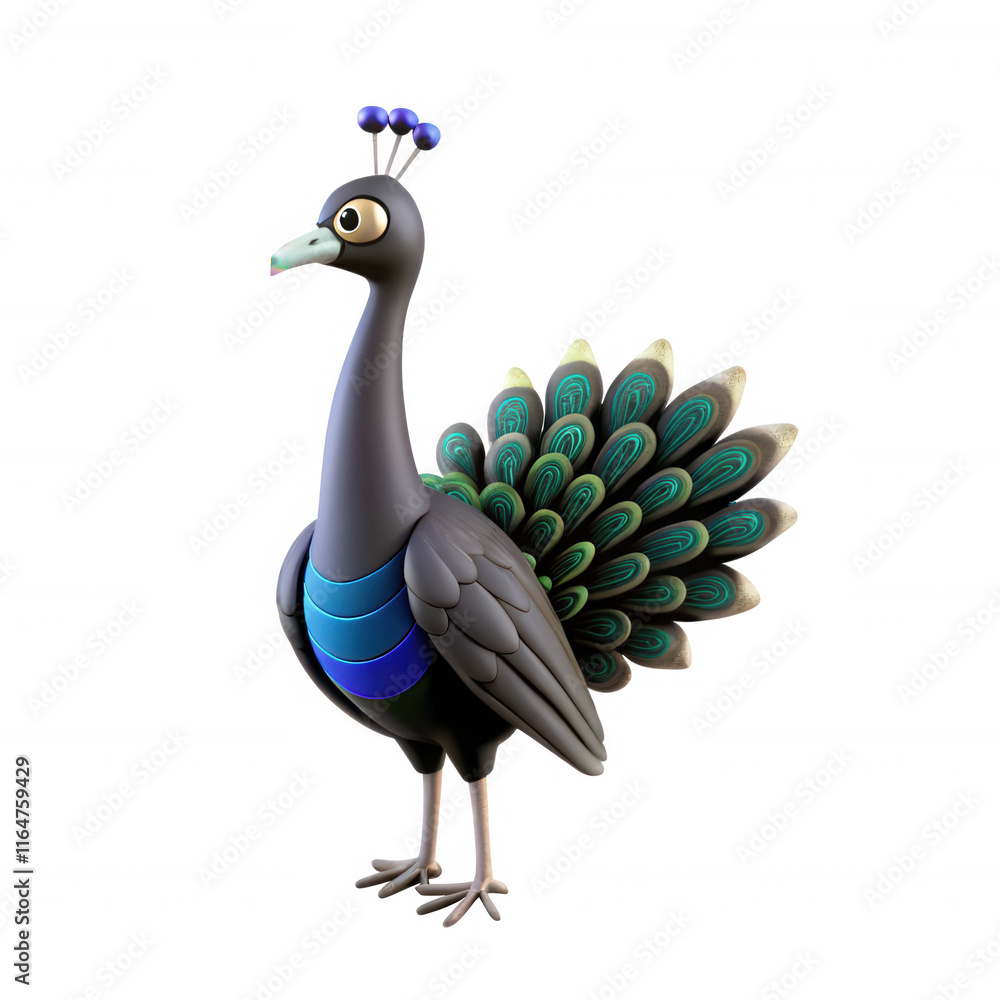 Poster a vibrant 3d model of a peacock, showcasing its colorful feathers and distinct features against a tr
