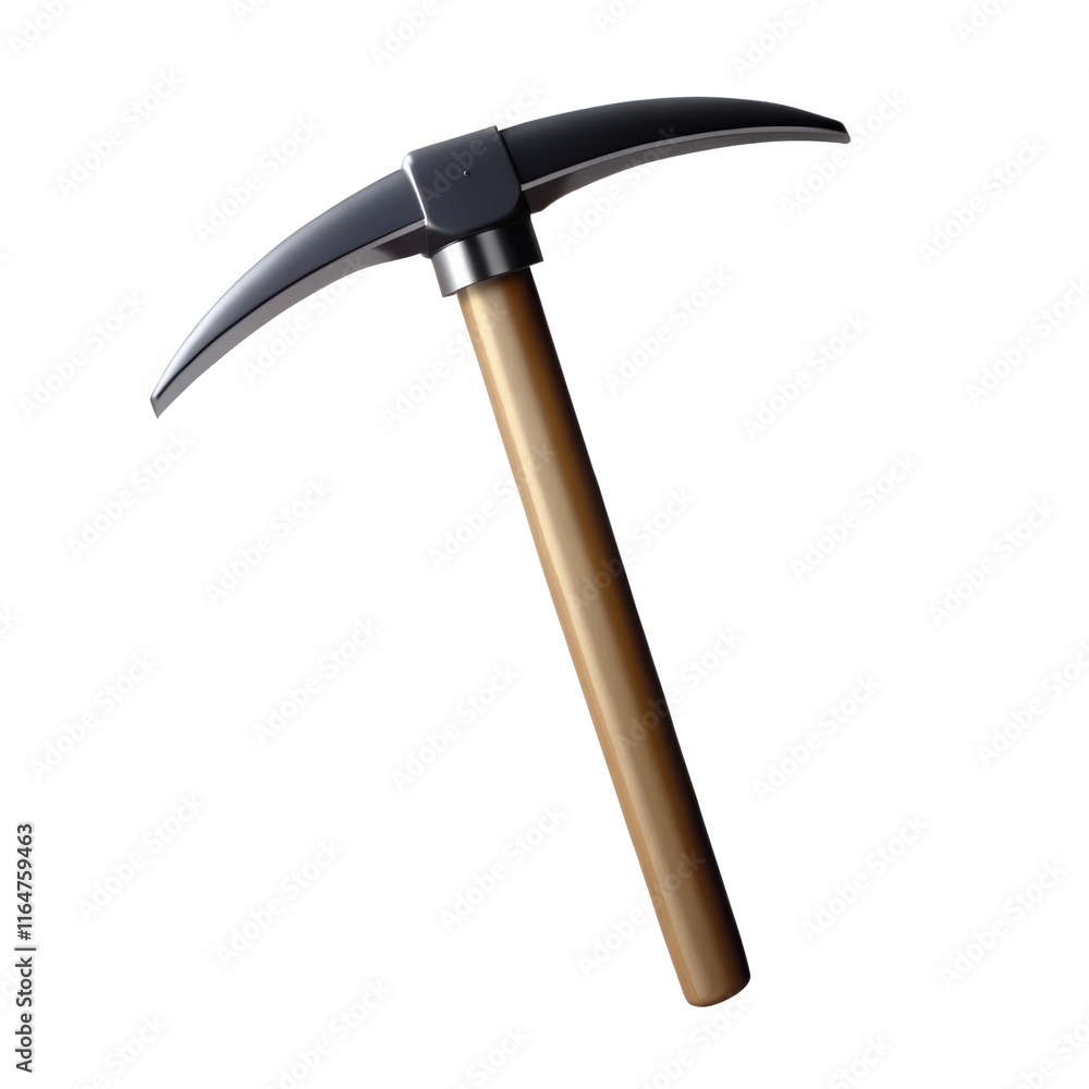 Poster a realistic 3d model of a mining pickaxe with a black head and wooden handle, perfect for icons and 