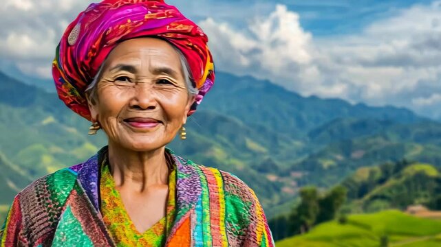 An elderly woman beams gracefully in colorful traditional attire, harmonizing with a peaceful nature scene.