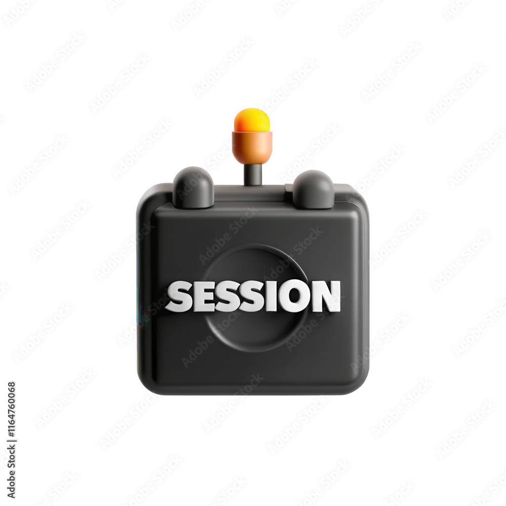 Poster a 3d black block icon with the word 'session' prominently displayed in white. it features a small or