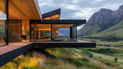 Massing, A modern house featuring large glass windows, set against a stunning mountainous landscape at dusk, blending architecture with nature.