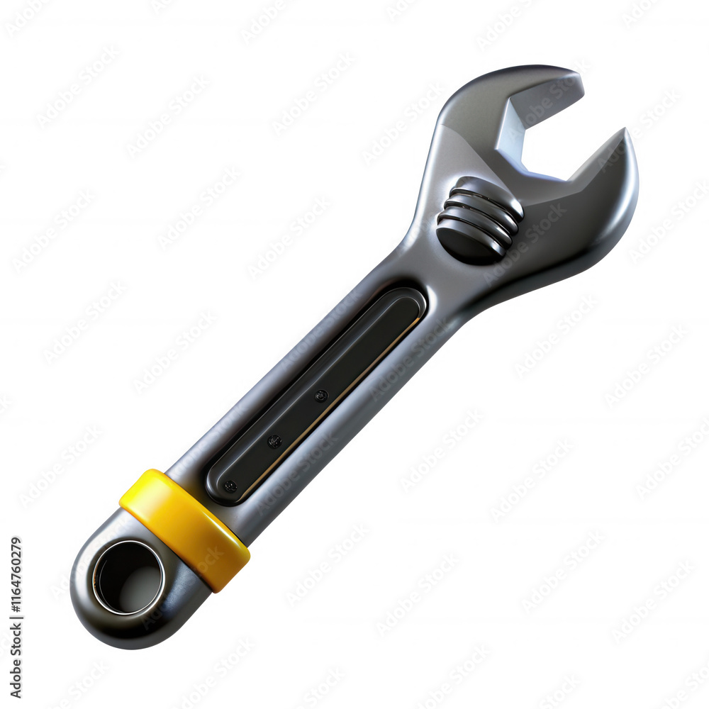 Poster a realistic 3d wrench tool model with a shiny metallic finish and a yellow rubber grip. ideal for us