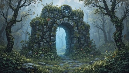 Obraz premium Enchanted stone portal with vines moss and blue glow in misty forest clearing at dawn
