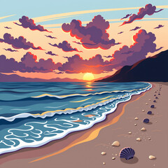 Tranquil Beach Sunset Illustration