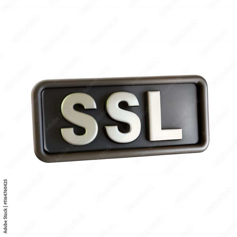 Poster a detailed 3d render of a black rectangular plaque with the letters ssl in bold, metallic font. the 