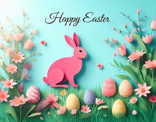 Easter card with a bunny, Easter eggs, flowers and wishes