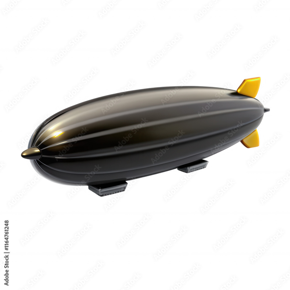Poster a 3d model rendering of a black blimp with a yellow tail fin, showcasing sleek design and modern gra