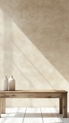 Rustic Wooden Bench with Ceramic Vases Against a Beige Wall bathed in Sunlight