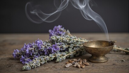 Tranquil scene brass incense holder with smoke lavender sprigs sage on wooden table