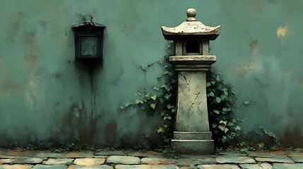 Stone Lantern and Wall Decorated with Ivy