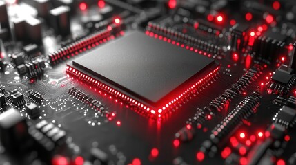 Close-up of a CPU chip with red glowing lights on a circuit board. Ideal for technology websites blogs or articles about computing.