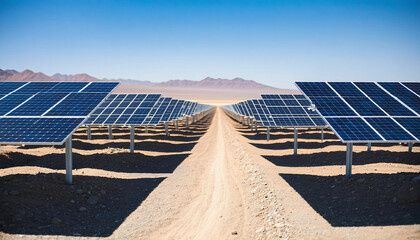 Rows of solar panels arranged geometrically in a desert landscape, reflecting the bright midday sun