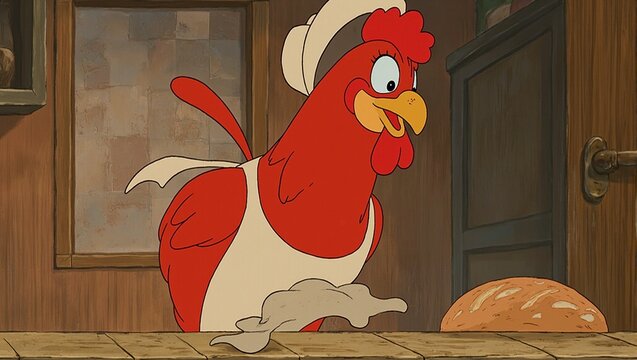 Quaint red hen with apron and bonnet next to homemade bread in farmhouse kitchen