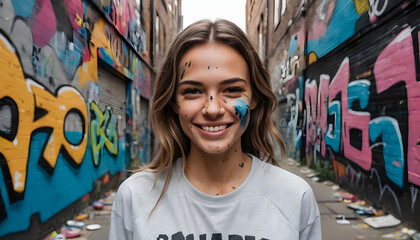 Fototapeta premium A realistic photograph of a smiling woman dressed in casual sports attire in a graffiti alley, small paint stains on her face.