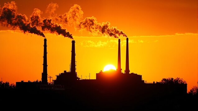 Industrial landscape with smoking chimneys silhouetted against a colorful sunset - Powered by Adobe