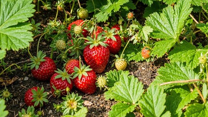 Vibrant strawberry patch with ripe red berries and shiny seeds under sunlight