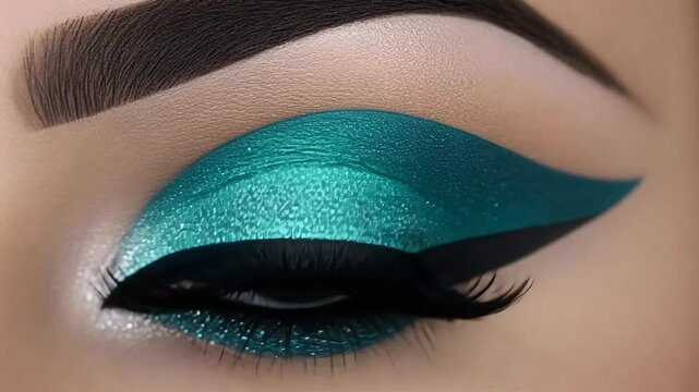 Stunning teal glitter eye makeup showcasing a bold winged eyeliner and dramatic lashes for a striking look
