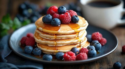 Brunch table setup, pancakes with syrup, fresh berries, and coffee, bright natural light, rustic table, cozy and inviting brunch scene