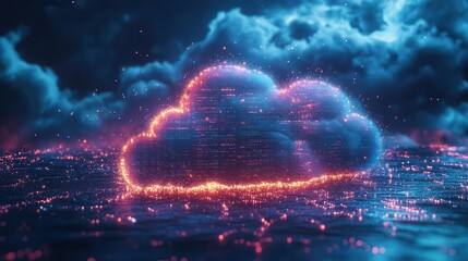 Fototapeta premium Cloud computing infrastructure, massive data center with glowing servers, futuristic technology, seamless flow of data between systems