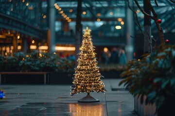 Festive Christmas tree against blurred holiday backdrop