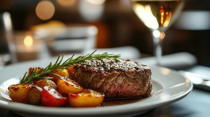 Gourmet dinner plate, beautifully presented steak with roasted vegetables, elegant restaurant table setup, fine dining atmosphere