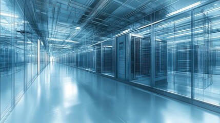 A blueprint rendering of a server room visualizing the infrastructure and network setup. Ideal for data center presentations or technology-related marketing materials.