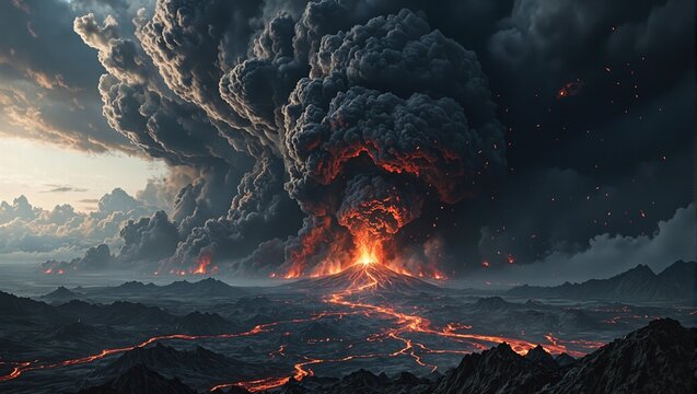 Apocalyptic scene of supervolcano eruption ash filled sky and flowing lava