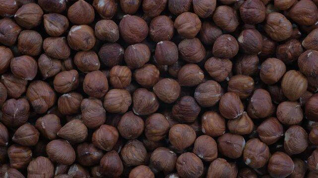 Top down view. Peeled brown hazelnut kernels in heap. Slider shot. Food, nutrition, healthy eating, snacks, ingredient concepts. 4k