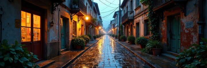 Fototapeta premium Rain-soaked cobblestone street in a neglected neighborhood, rainy streets, broken windows
