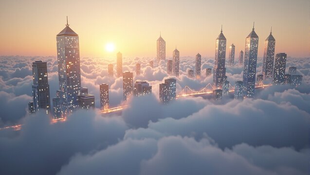 Futuristic cityscape with floating skyscrapers above golden sunset clouds - Powered by Adobe